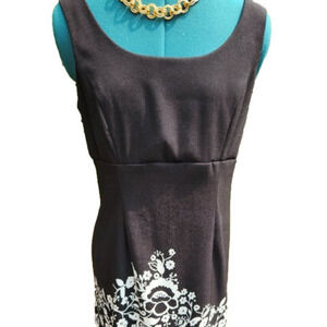 388. Ronnie Nicole Black Sleeveless Empire Waist Dress w/ white border print |10